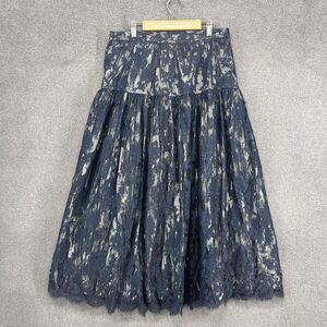 Made in‎ Italy Lace Skirt Womens 46 Navy Blue Floral Overlay Midi Metallic Lined